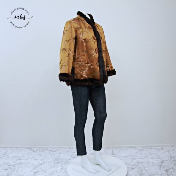 Vintage Reversible Chinese Embroidery Faux Fur Floral Coat Brown Women M